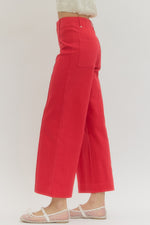 Red High Rise Wide Leg Pants with Front Seam Detail and Back Patch Pockets