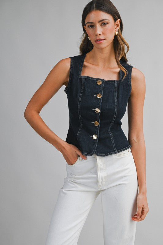Denim Square Neck Gold Button Down Top by Mable