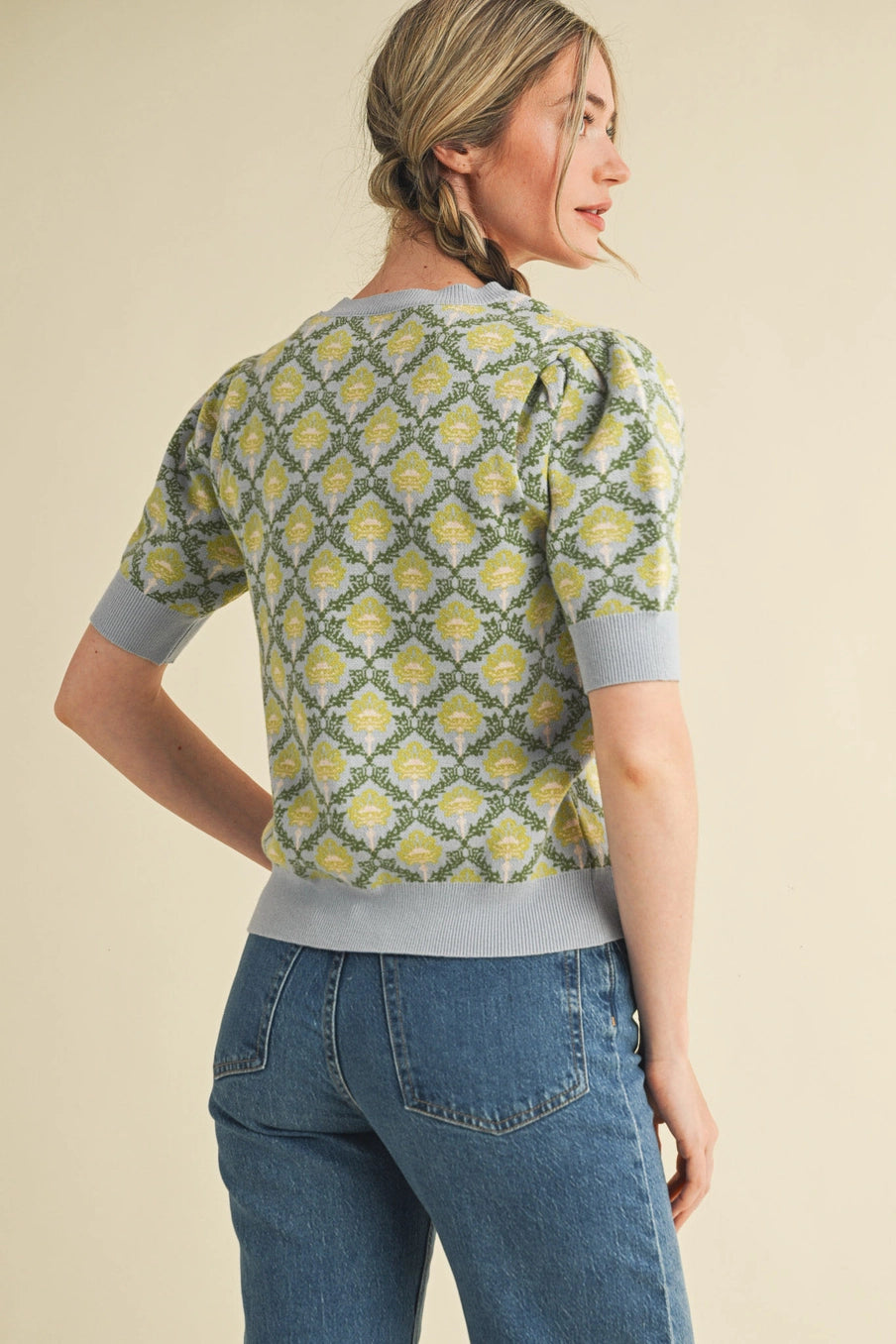 Light Blue/Sage Floral Pattern Short Sleeve Sweater