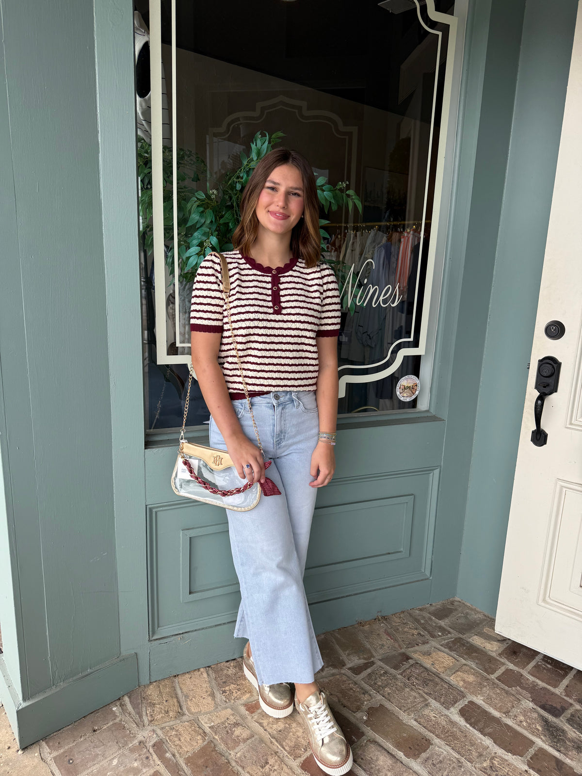 Striped Pointelle Textured Half Button Knit Sweater Top (Burgundy and Cream)