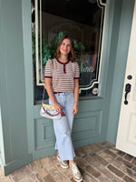 Striped Pointelle Textured Half Button Knit Sweater Top (Burgundy and Cream)