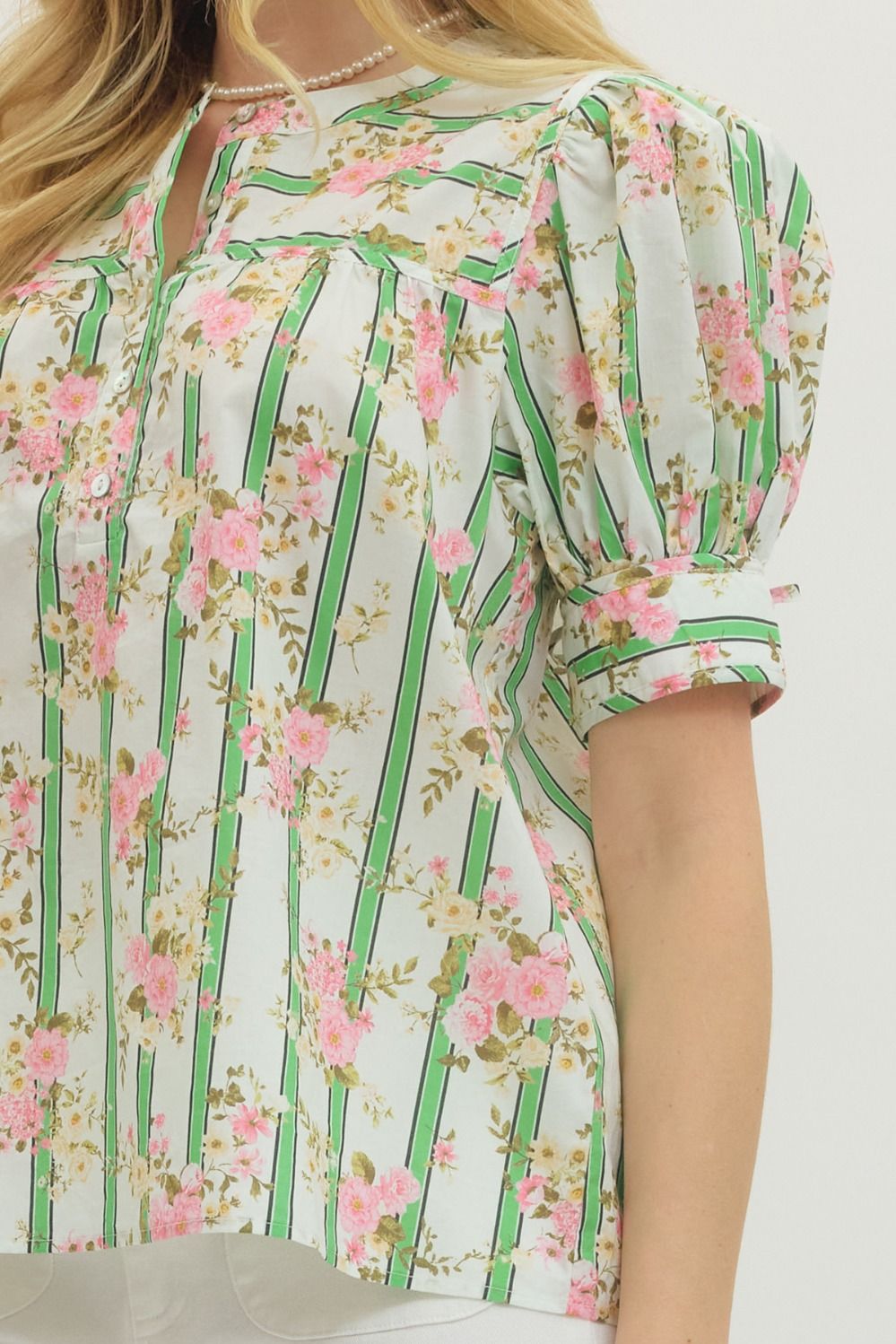 Botanical Stripe Puff Sleeve Button Down Top with Self Tie Cuff Detail