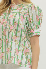 Botanical Stripe Puff Sleeve Button Down Top with Self Tie Cuff Detail
