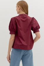 Maroon Cuff Band Puff Sleeve Top featuring Stud Accent Detai