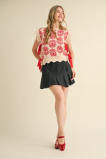 Cream and Red Floral Sweater Vest with Scallop Hemline and Side Bows