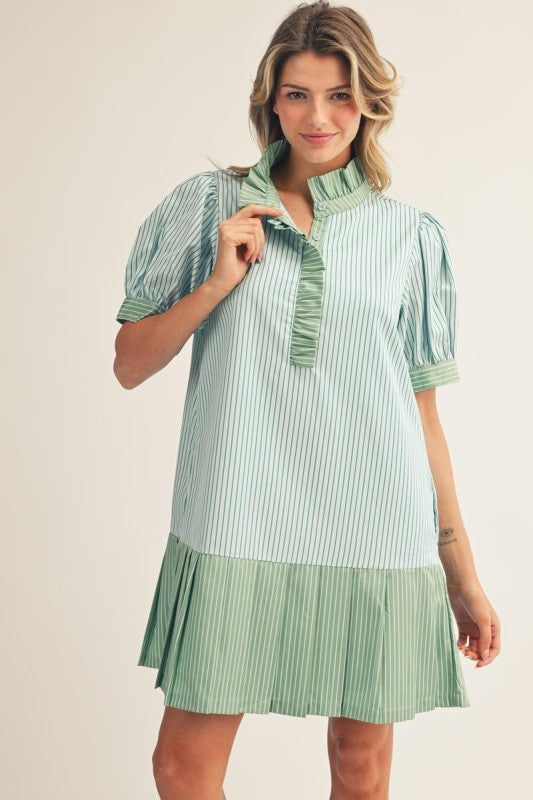 Aqua/Green Ruffle Neck Pleated Hem Mini Dress