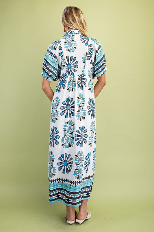 Sky Mix Printed Smocked Yoke Midi Dress