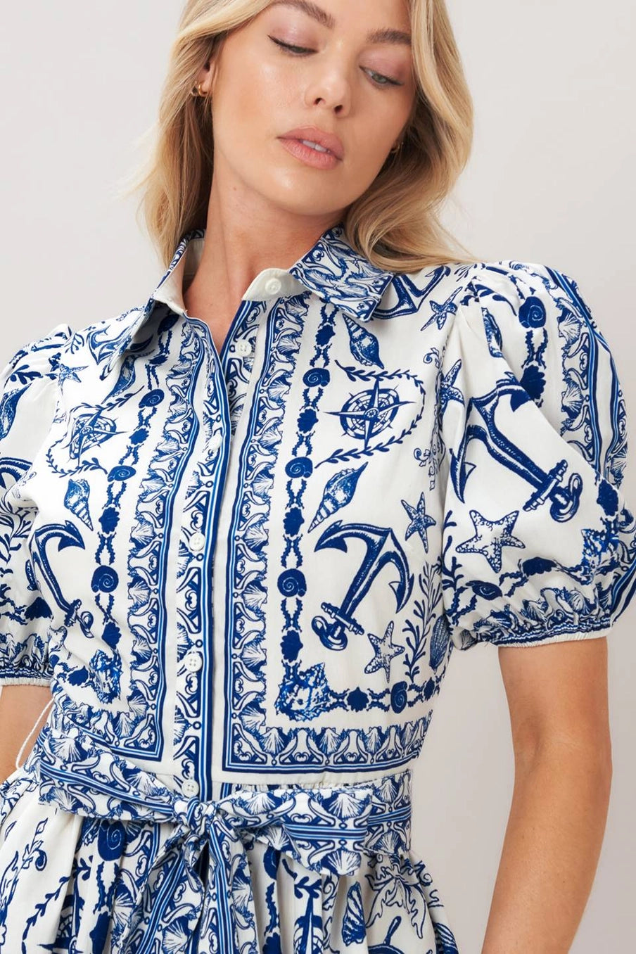 Wynette Nautical Printed Button Down Mini Dress with Self Sash Tie Waist