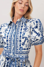 Wynette Nautical Printed Button Down Mini Dress with Self Sash Tie Waist