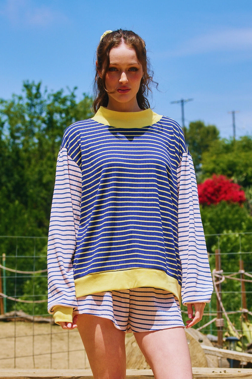 SOPHIE STRIPED CONTRAST RIBBED DETAILES HIGH-NECK SWEATSHIRT -by Bucketlist Navy/Yellow