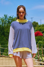 SOPHIE STRIPED CONTRAST RIBBED DETAILES HIGH-NECK SWEATSHIRT -by Bucketlist Navy/Yellow