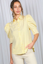 Bella Striped Button Down Puff Sleeve Top- Yellow