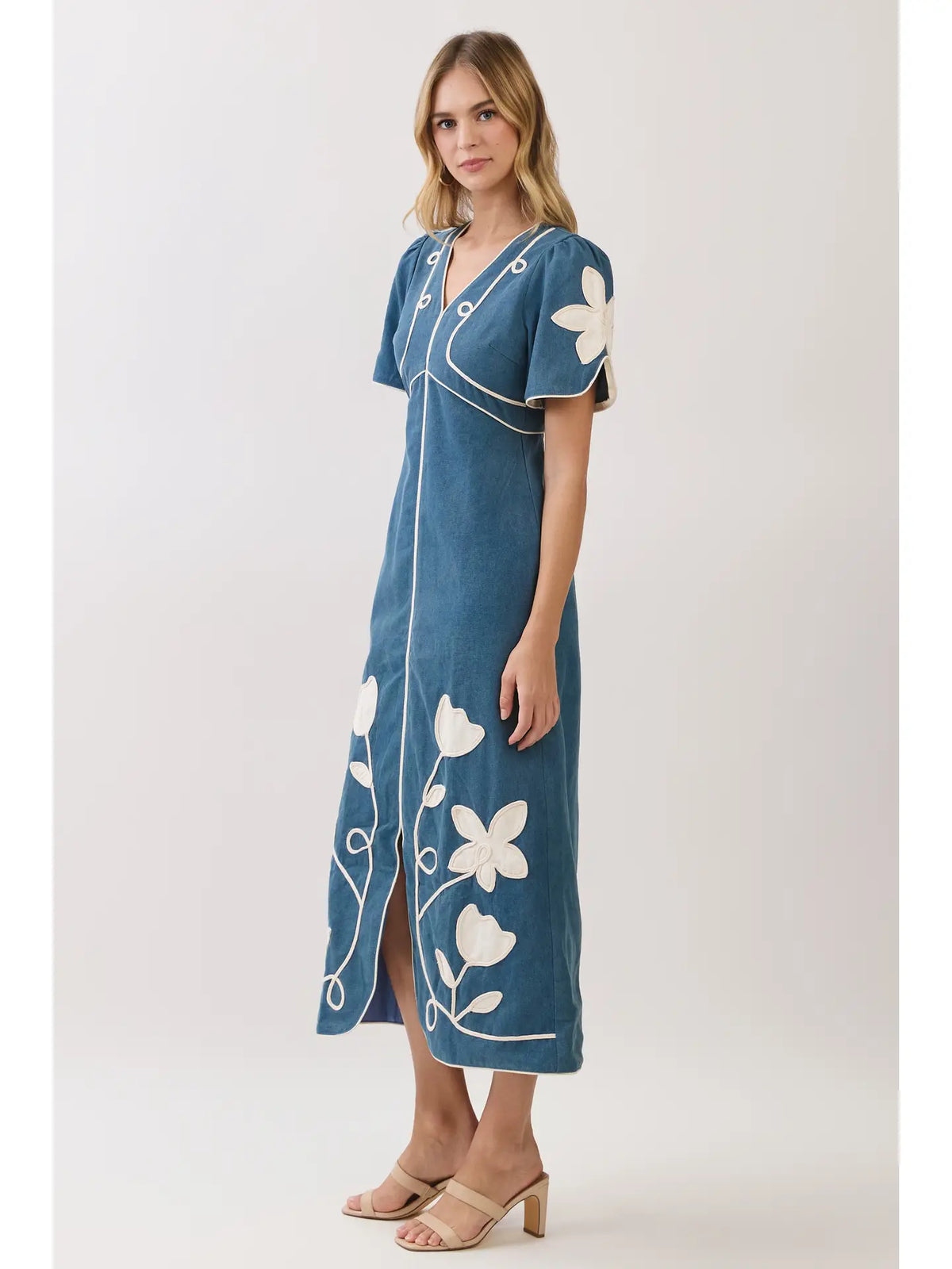 Jillian Floral Appliqué Contrast Trim Maxi Dress- Indigo