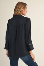 Pearl Cuff Button Accent Satin Top