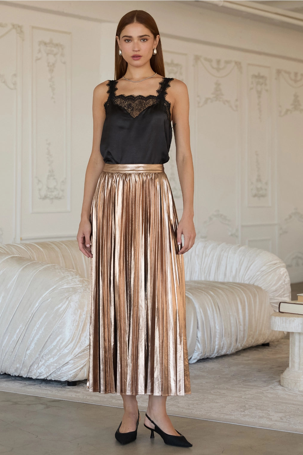 Bronze Metallic Pleated Maxi Skirt