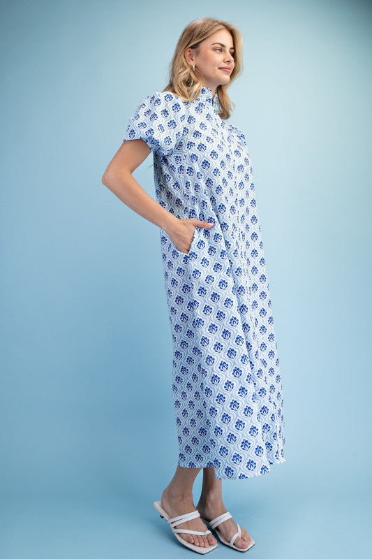 Cobalt Blues Ruffle Collar Button Down Midi