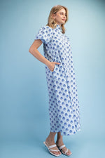 Cobalt Blues Ruffle Collar Button Down Midi