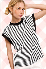 Nautical Cap Sleeve Stripe Top -Black/Off White