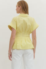 Poppy Button Down Top with Belted Detail at Waist- Lemon