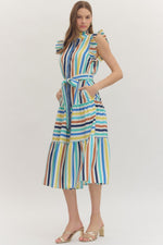 Pheobe Striped Button Down Midi Dress with Self Tie Waist