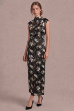 Olivia Satin Mock Neck Brushed Floral Maxi Dress- Black/Olive