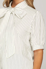 Nia Half Sleeve Woven Striped Front Bow Tie Button Down Top
