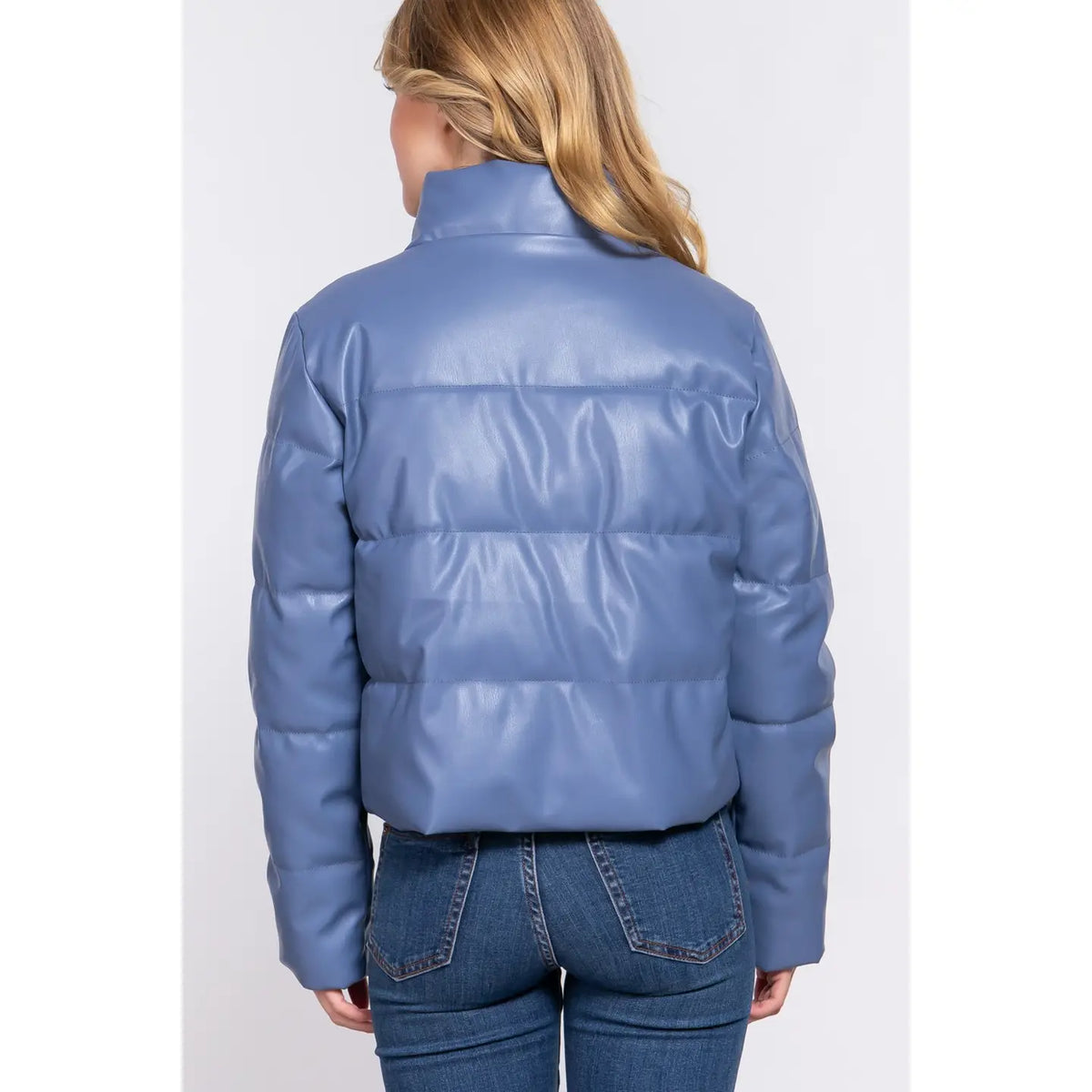 SLATE BLUE LEATHER PUFFER JACKET