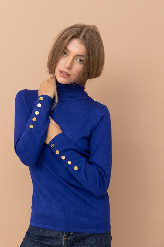 MOCK NECK GOLD BUTTON DETAIL KNIT TOP- AVAILABLE IN -Royal, Cream, Hunter , Gray, Charcoal, Burgundy, Black, Taupe S-XL