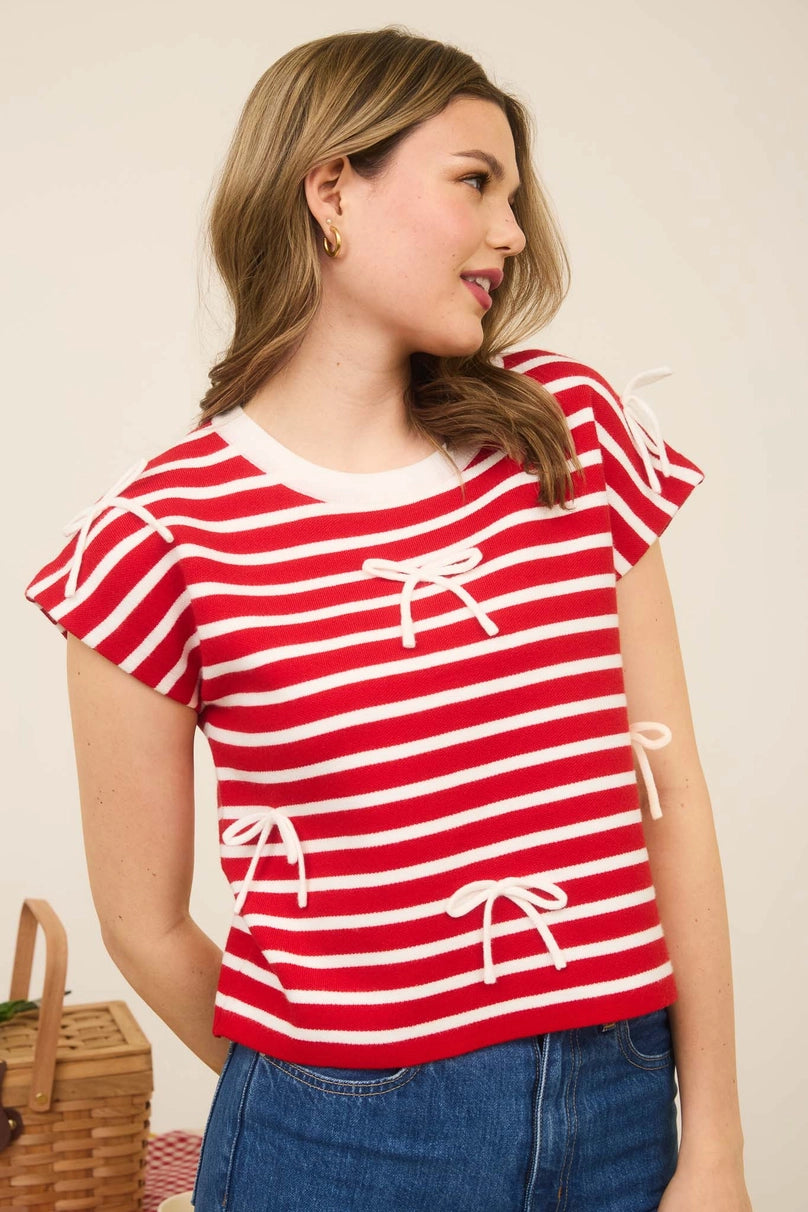 Red Stripe Knit Top with Bow Accents