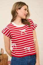 Red Stripe Knit Top with Bow Accents