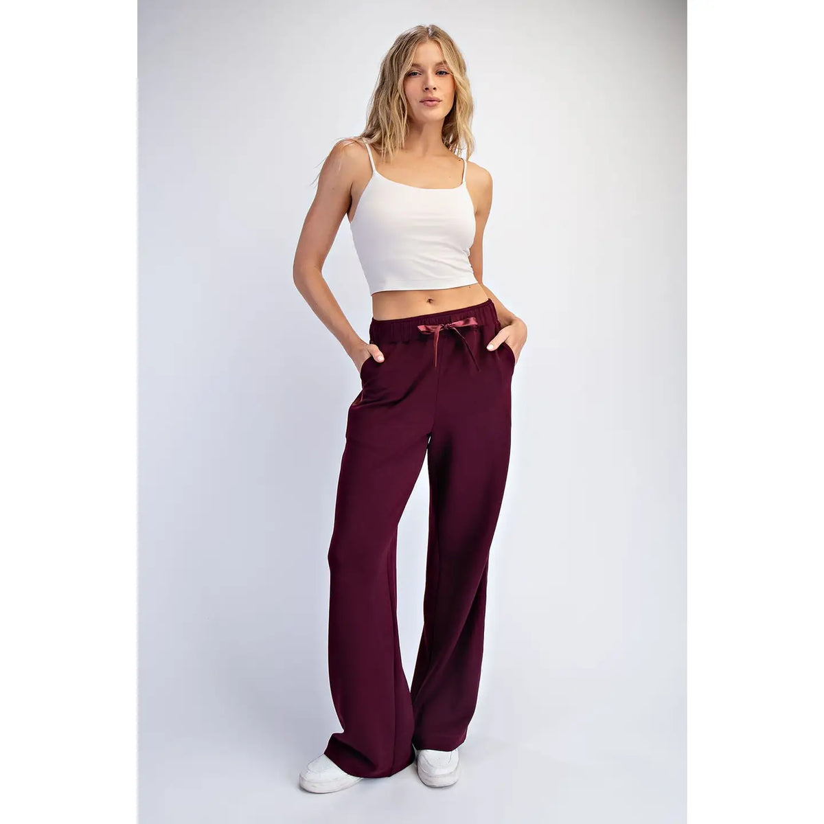 Rae Mode LUXE SATIN Crew Neck AND Straight Pant SET-Dark Cherry
