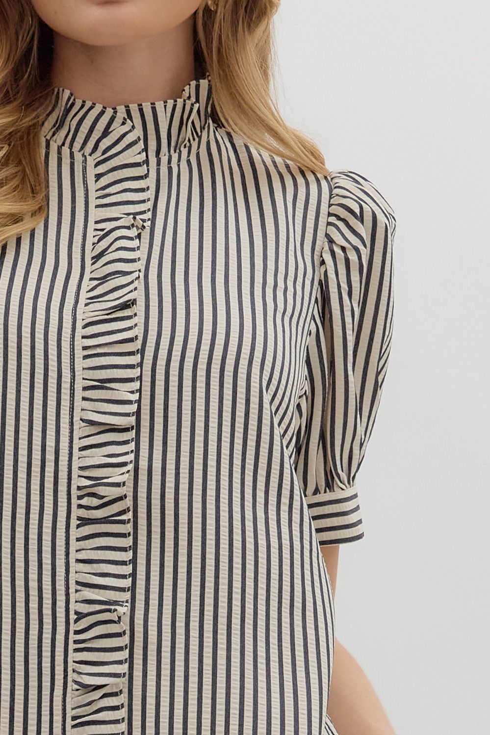 Black Striped Puff Sleeve Top featuring Ruffle Accent Hidden Placket Closure