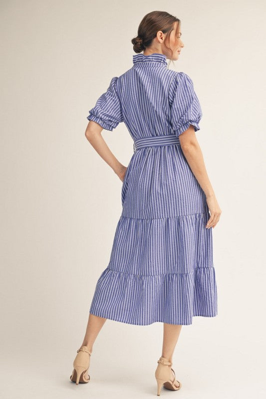 Seaside Ruffle Detail Tiered Striped Midi Dress /Blue/White