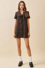 Leopard Washed Denim Sailor Collar Tied Mini Dress
