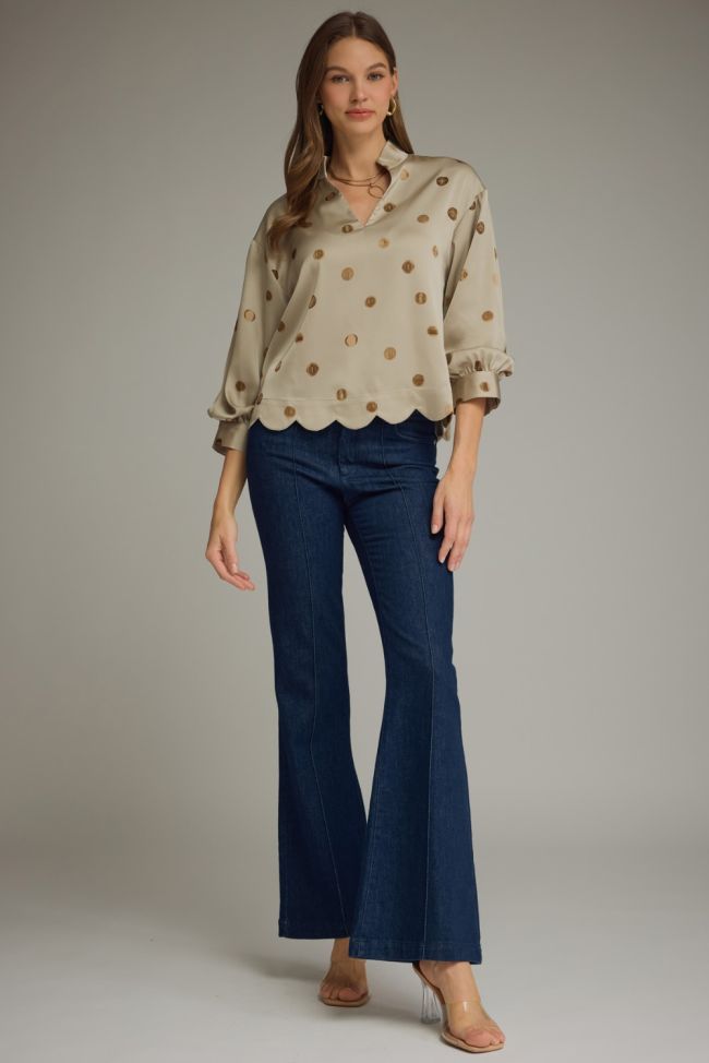 Champagne Mocha Polka Dot SatinTop with Scallop Hem