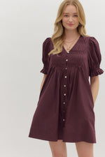 Merlot Solid short puff sleeve featuring diamond smocked band pintuck mini dress