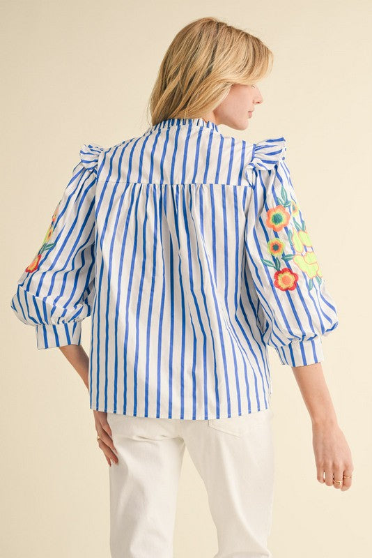 Stripe Top with Floral Embroidered Sleeve Detail