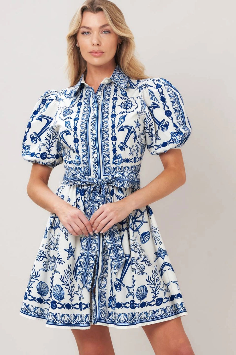 Wynette Nautical Printed Button Down Mini Dress with Self Sash Tie Waist