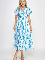 Blue Floral Eyelet Midi Shirt Dress