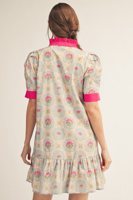 Fuschia Pink Contrast Boho Ruffle Collar Mini Dress