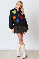 3D Flower Half Zip with Ruffle Neck Detail