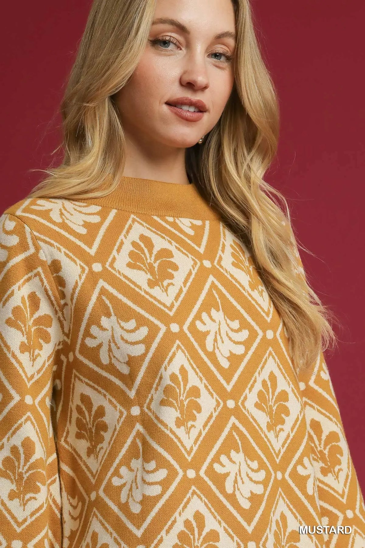 Mustard Abstract Print Mock Neck Sweater