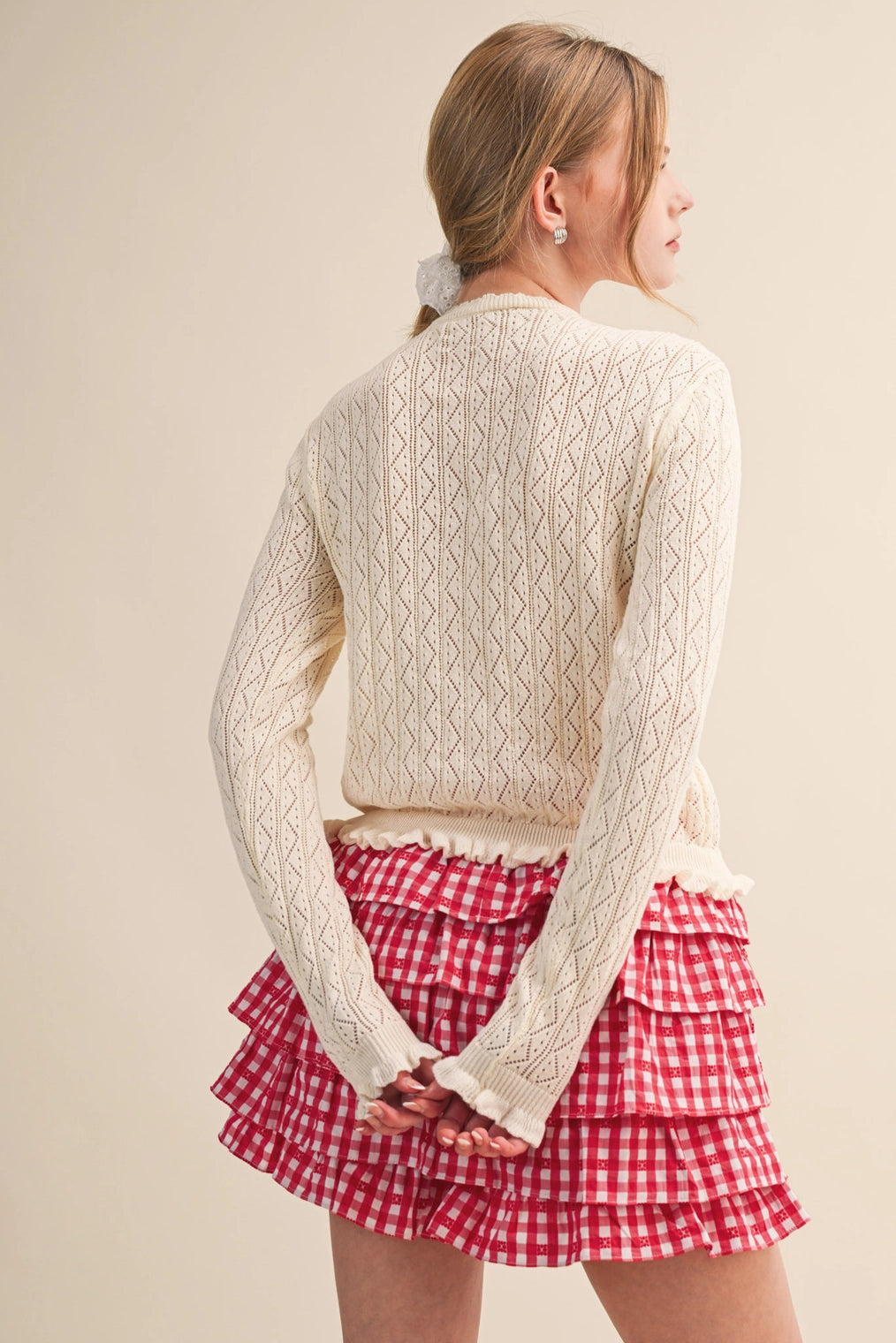 Ruffled Edge Pointelle Knit Sweater Cardigan - Ivory
