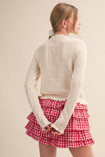Ruffled Edge Pointelle Knit Sweater Cardigan - Ivory