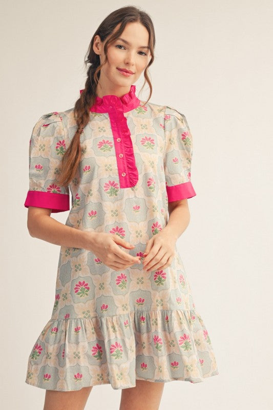 Fuschia Pink Contrast Boho Ruffle Collar Mini Dress