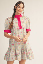 Fuschia Pink Contrast Boho Ruffle Collar Mini Dress