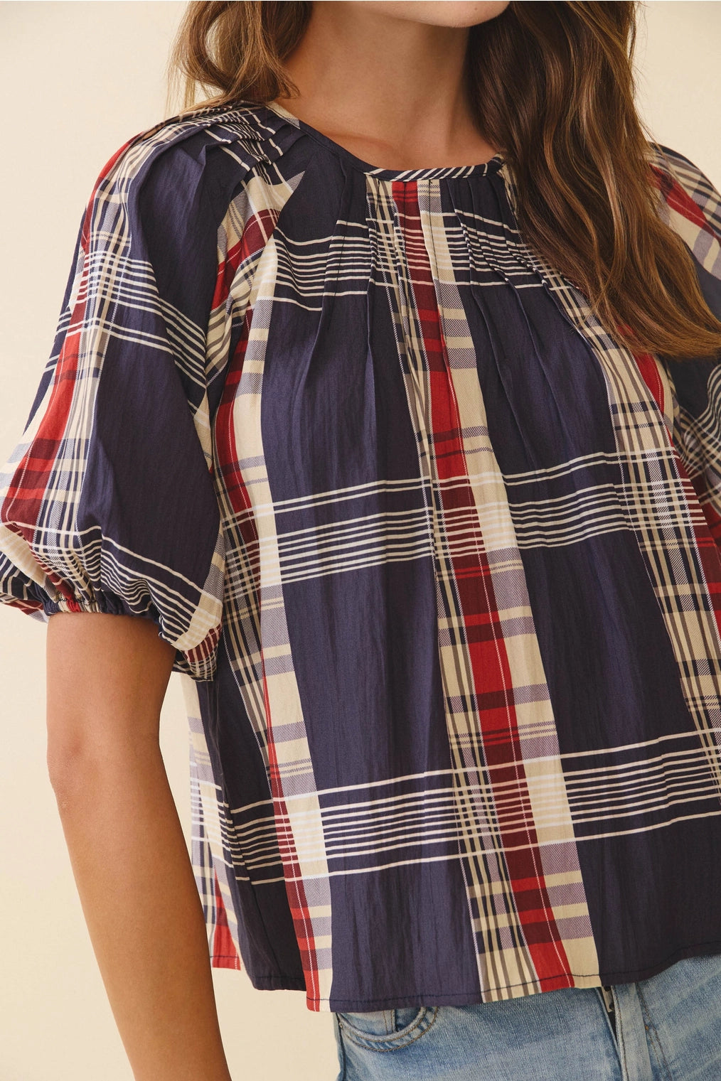 Navy Plaid Round Neck Pleated Detail Back Keyhole Top
