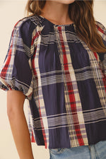 Navy Plaid Round Neck Pleated Detail Back Keyhole Top