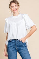 DETAILED RUFFLE BIB SHIRT WITH CUFFED BALLOON SLEEVE