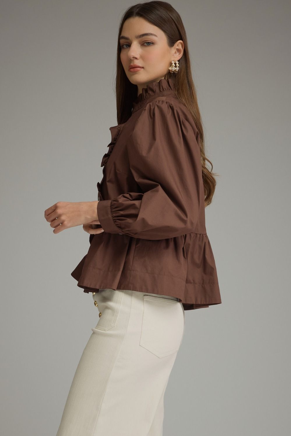 Peplum Button DownTop with Standing Ruffle Collar - Brown